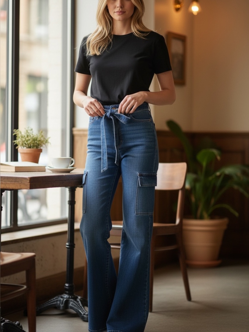 Jeans High-Rise Cargo Belted Pants - Blue Denim